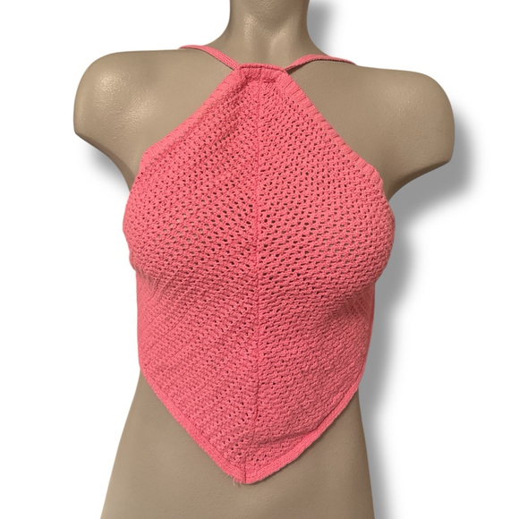Free People Tops - Free People Beach June Fauxchet Pink Crocheted Halter Crop Top XS